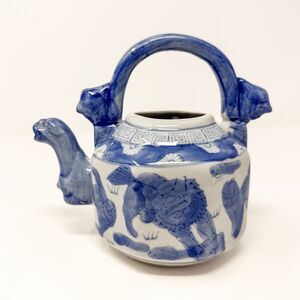 Blue White Foo Dog Porcelain Teapot Vase Chinese Guardian Lion Decor Planter